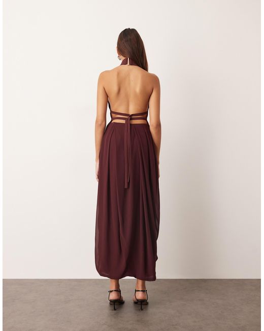 ARRANGE Red Hybrid Halter Drape Hem Midi Dress With Open Back
