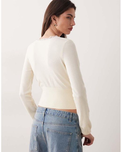 Miss Selfridge White Knitted Wrap Top With Lace Trim Detail