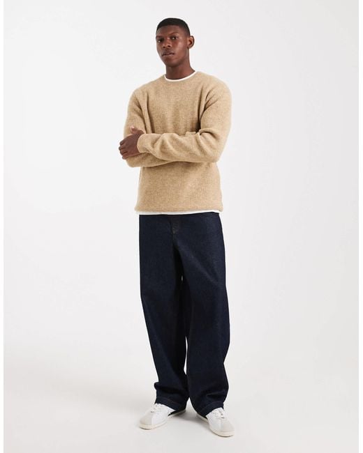 Jack & Jones Premium – flauschiger, gerippter pullover in Natural für Herren