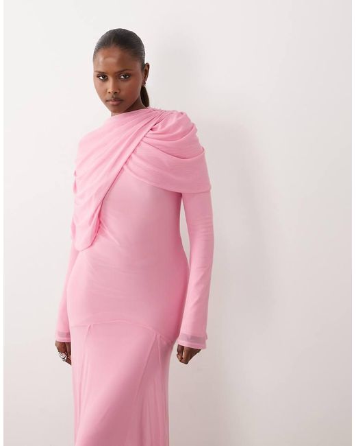 ASOS Pink Modesty Mesh Maxi Dress With Overlay Draped Neckline Detail