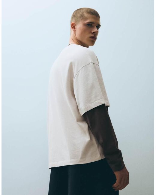Bershka Gray Contrast Double-sleeve T-shirt for men