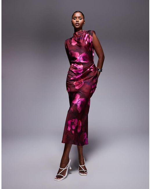 ASOS Hoogsluitende Midi Jurk Van Satijn Met Geplooid Lijfje En Bloemenprint in het Purple