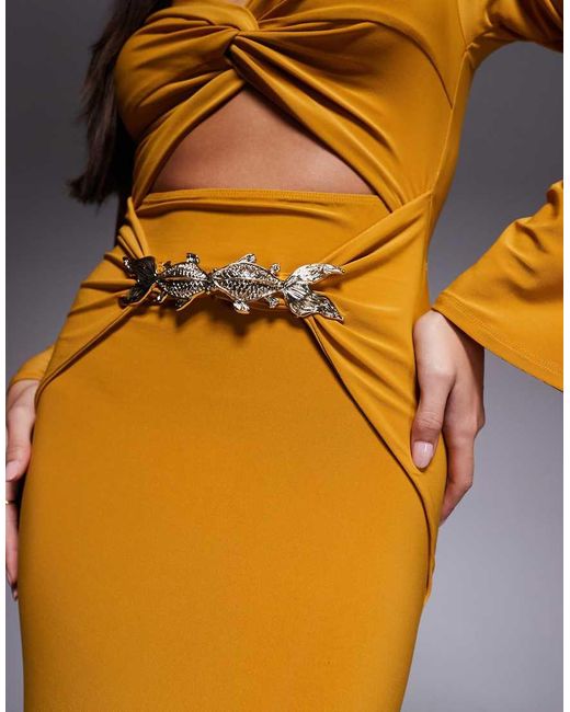 ASOS Metallic Long Sleeve Drape Front Maxi Dress With Gold Fish Trim