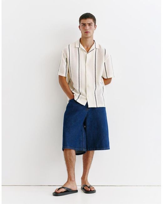 Pull&Bear White Striped Short Sleeve Shirt for men