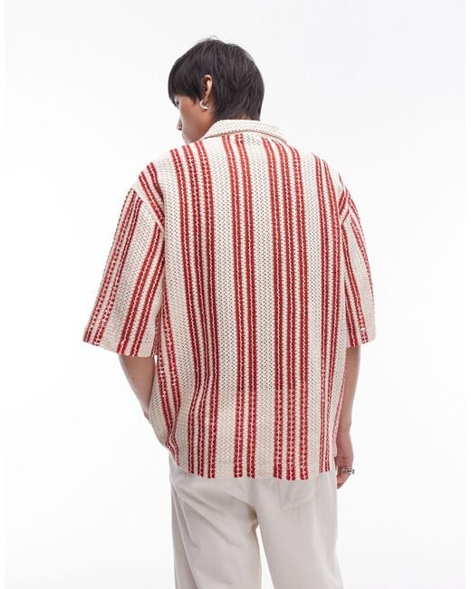 Topman Pink Short Sleeve Relaxed Striped Crochet Shirt for men