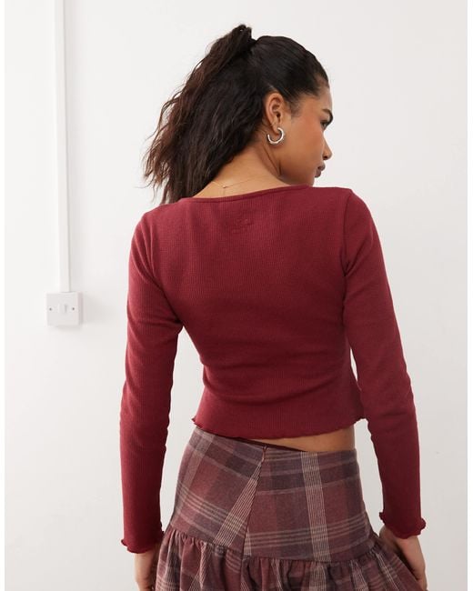 Reclaimed (vintage) Red Long Sleeve Waffle Button Up Top