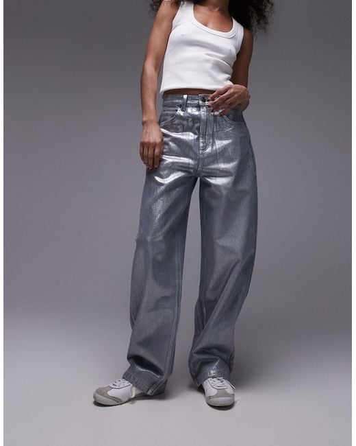 TOPSHOP Gray Silver Foil High Rise baggy Jeans