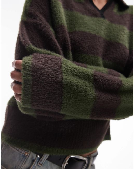 TOPSHOP Black – lockeres flauschiges strick-poloshirt mit streifen