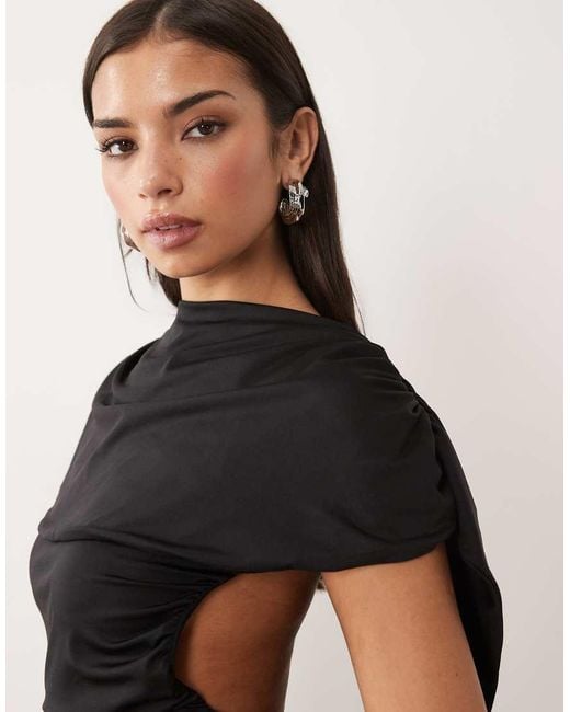 Aria Cove Black Double Sculpted Slinky Cape Drape Detail Open Back Mini Dress
