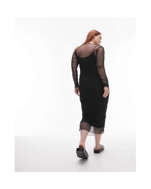 TOPSHOP Black Curve Crinkle Mesh Midi Dress With Ruching