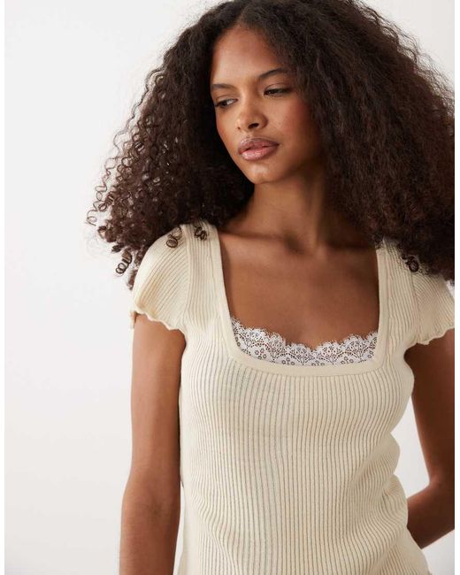 Miss Selfridge Multicolor Knitted Peplum Top With Lace Trim