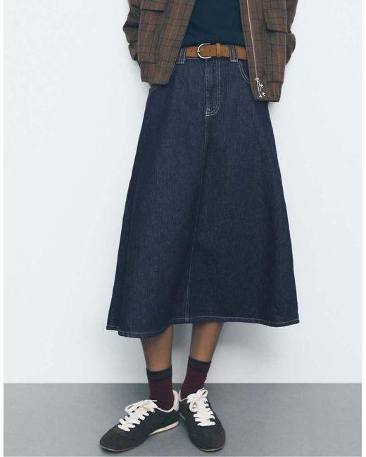 Stradivarius Blue Belted Denim Maxi Skirt