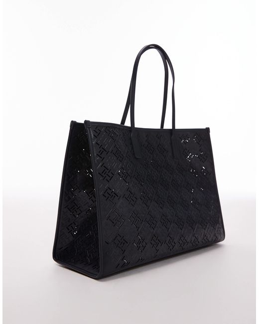 Tommy Hilfiger Black Monogram Faux Leather Tote Bag