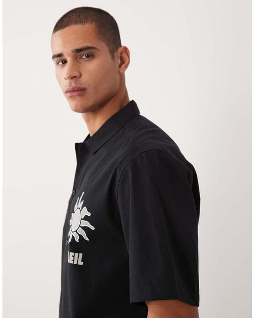 Threadbare Black 100% Cotton Boxy Fit Short Sleeve Shirt With Sun Graphic for men