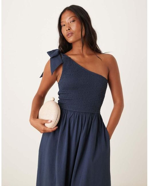 Nobody's Child Petite Blue Tie One-shoulder Shirred Midi Dress