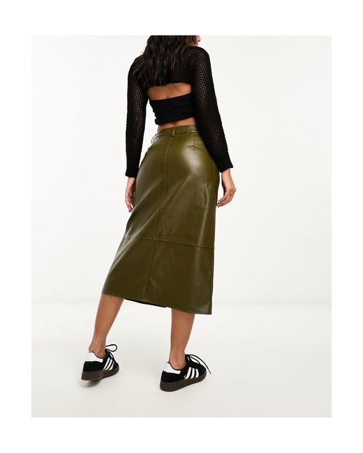 ONLY Green Faux Leather Button Down Cargo Midi Skirt