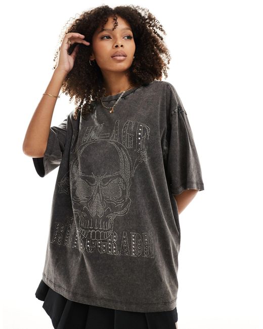 T-shirt oversize avec imprimé crâne rock à strass thermocollés - anthracite délavé ASOS en coloris Gray