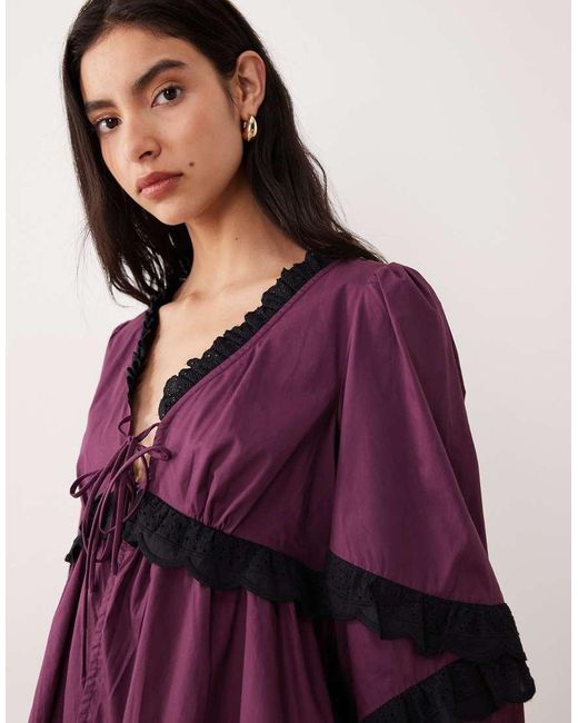 Glamorous Purple Boho Ruffle Broderie Long Sleeve Blouse