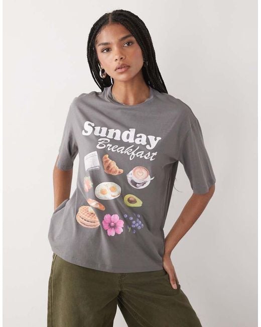 Noisy May Gray Boxy T-shirt Fit With Breakfast Graphic