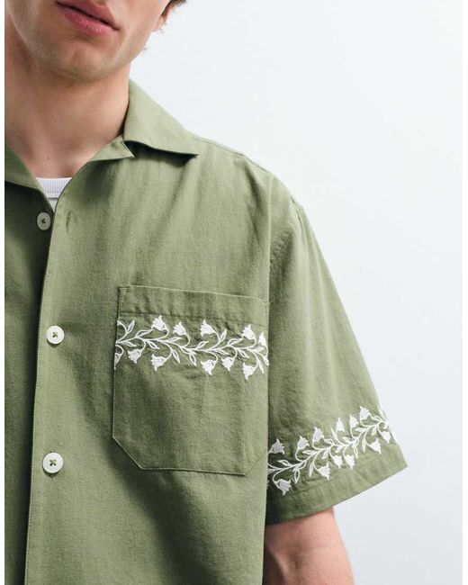 ASOS COLLECTIVE Green Relaxed Fit Cotton-linen Blend Embroidered Shirt for men