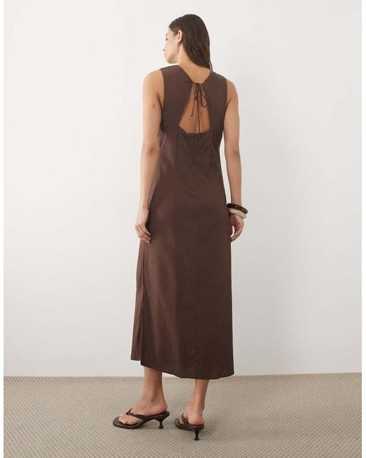 Mango Brown Ruched Side Sleeveless Midi Dress