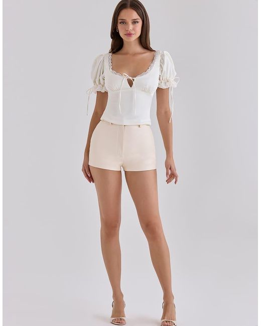 House Of Cb White Elisabetta Ivory Satin Puff Sleeve Lace Trim Top