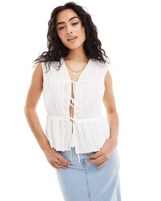 Y.A.S White Smocked Tie Front Sleeveless Blouse