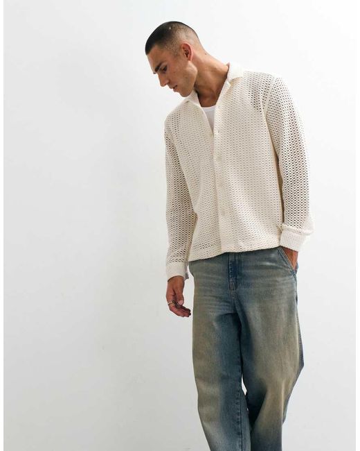 ASOS Gray Relaxed Revere Crochet Shirt for men