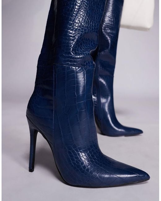 Public Desire Blue Nova Pointed Toe High Heeled Knee Boots