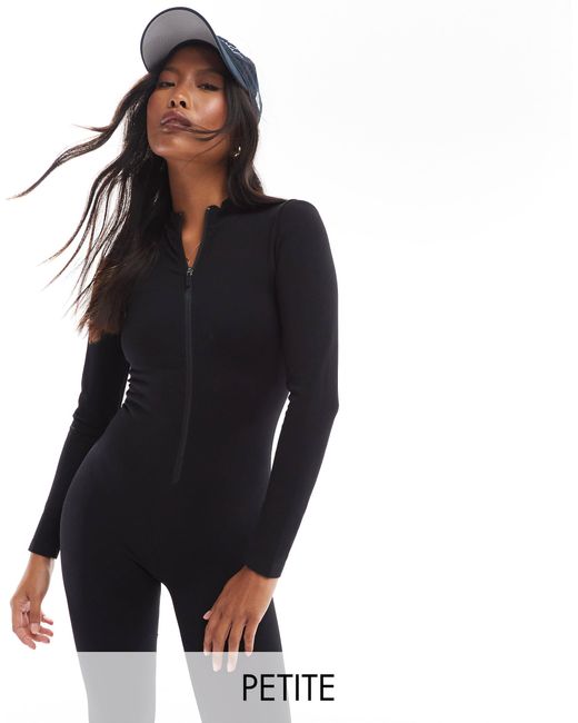 4505 Black Petite Seamless Zip Front All-in-one Jumpsuit