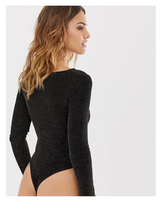 PrettyLittleThing Long Sleeved Sparkle Bodysuit in Black