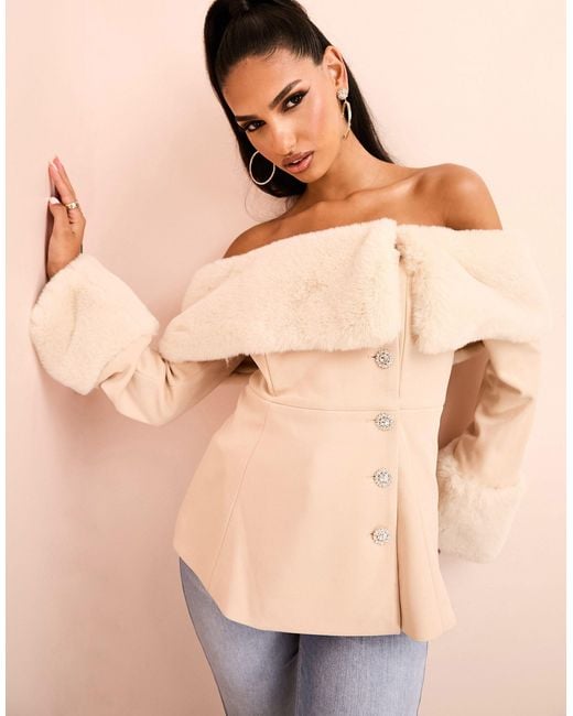 ASOS Natural Off Shoulder Faux Fur Blazer With Pearl Buttons