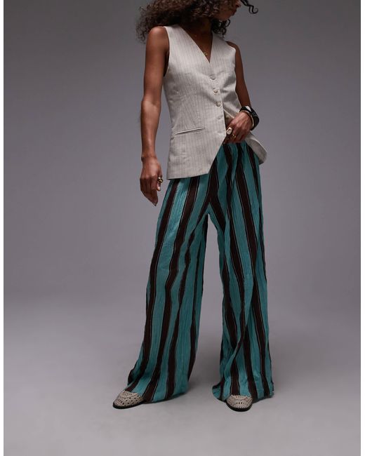 TOPSHOP Gray Stripe Crinkle Wide Leg Trousers