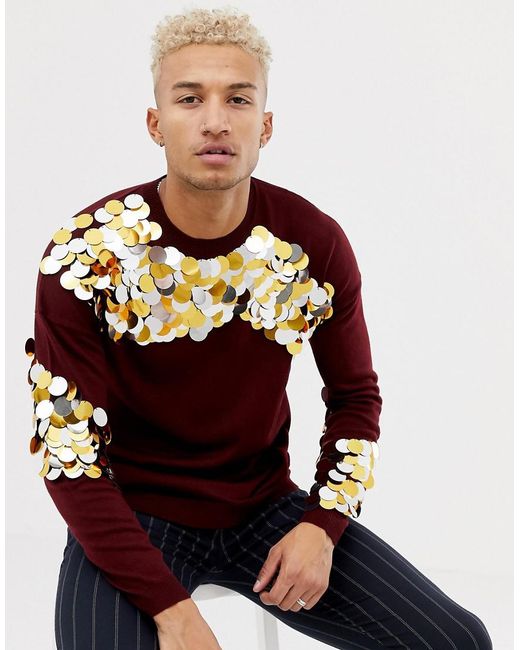 ASOS Red Knitted Sequin Sweater In Burgundy for men