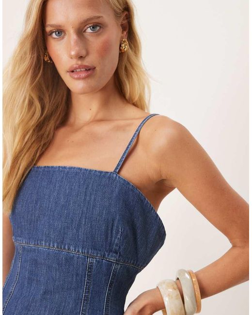 ASOS Blue Chambray Denim Maxi Dress With Cinch Waist Seams