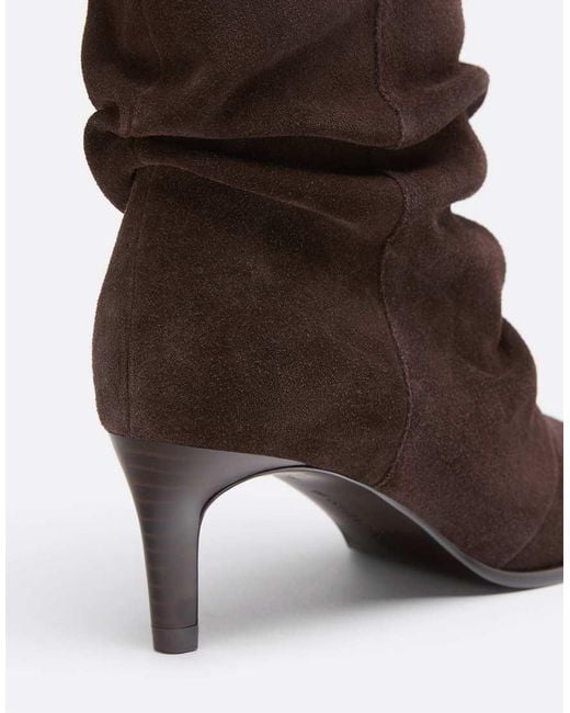 Stradivarius Brown Leather Slouchy Stiletto Ankle Boots