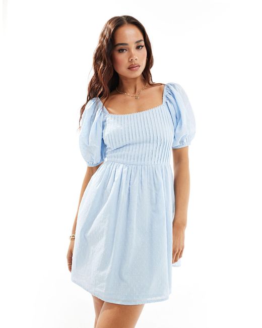 ASOS Blue Cotton Dobby Mini Dress With Lace Up Back