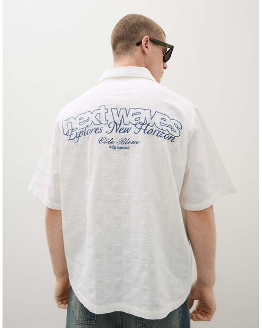 Bershka White Short Sleeve Rustic Textured Shirt With Print for men