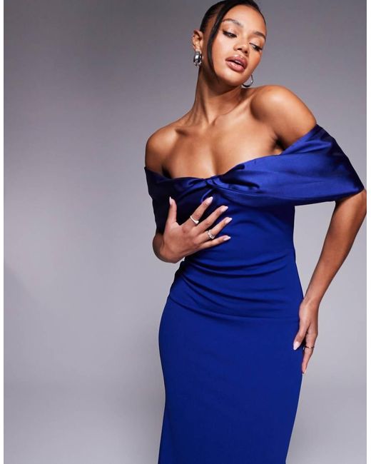Goddiva Blue Twist Knot Satin & Scuba Bardot Maxi Dress