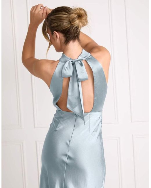 Six Stories Blue Bridesmaid Satin Halterneck Maxi Dress