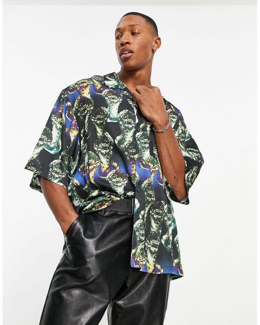 ASOS Dropped Shoulder Oversized Revere Satin Shirt With Statue Face ...