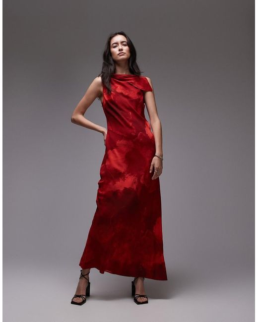 TOPSHOP Red Asymmetric Neck Bias Cut Midi Dress