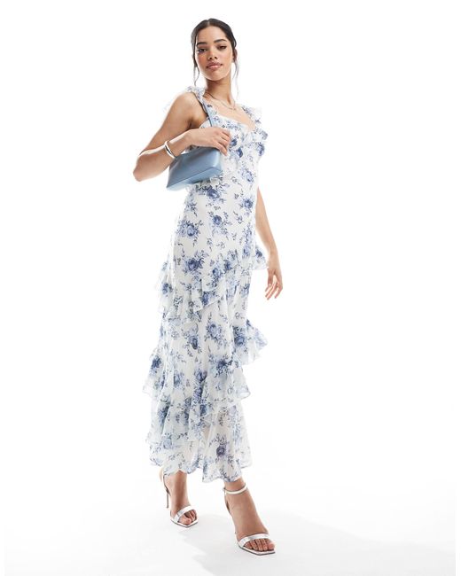 Robe mi-longue asymétrique volantée - fleuri New Look en coloris White