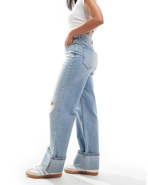 New Look Blue Turn Up Ripped Wide Leg Jean