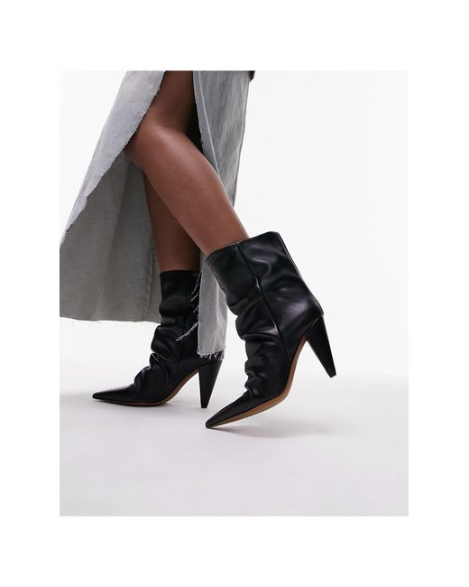 TOPSHOP Black Wide Fit Nadia Real Leather Pointed Cone Heel Ankle Boot