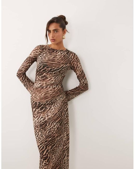 Ruched & Ready Brown Mesh Flared Long Sleeve Maxi Dress