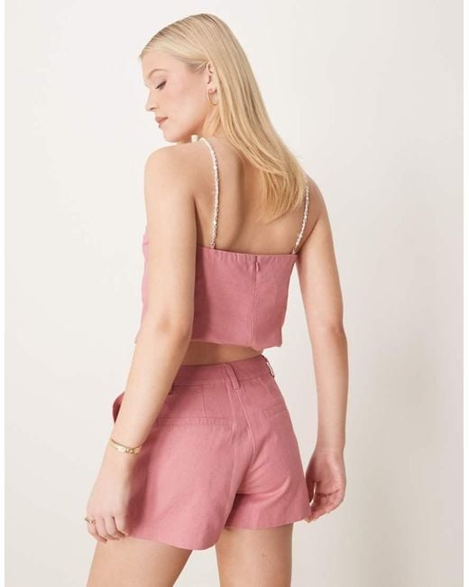 ASOS Pink Tailored Linen Short Co-ord With Bead Detail