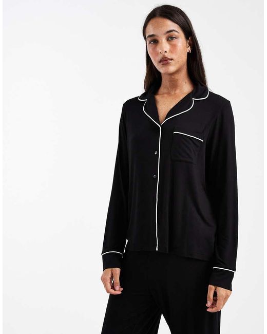 ASOS Black Super Soft Long Sleeve Shirt & Trouser Pyjama Set With Contrast Piping