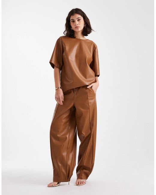 ASOS Brown Faux Leather Barrel Leg Pull On Trousers Co-ord