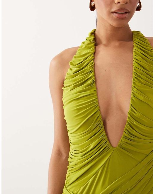 ASOS Green Super Plunge Slinky Maxi Dress With Asymmetric Drape Detail